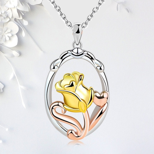 Imagen 2 de 3 de Collar Plata Fina 925 Colgante Rosa Corazon Chapado 18k Oro