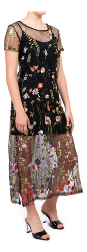 Vestido De Tul Bordado Con Flores Forro De Modal Negro