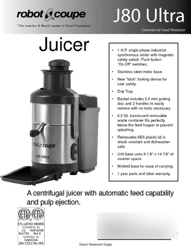 Extractor Jugo Robot Coupe J 80 Ultra 120 L/h Frances 6,5 L