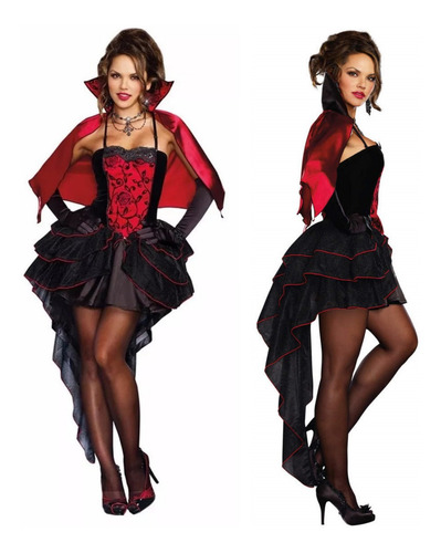 Fantasia De Vampira Adulto Bruxa Halloween Luxo Com Capa