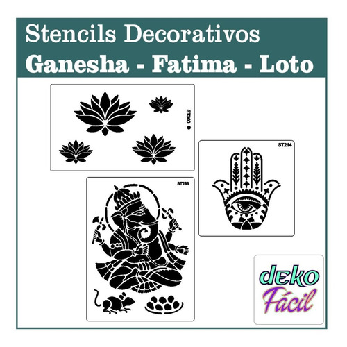 Imagen 2 de 2 de Pack X 3 Stencil Ganesha Flor De Loto Mano De Fatima