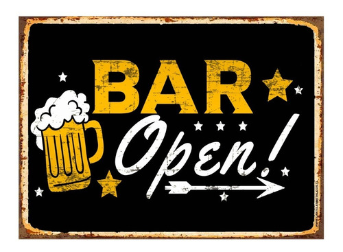 1 Cartel Metalico Letrero  Bar Open Flecha,quincho 40x28 Cms