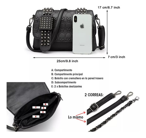 Bolso Bandolera Con Remaches De Calavera Punk, Mujer, Cadena Color Negro