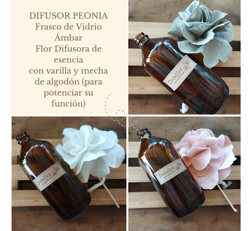 Frasco Ámbar + Flor Tela Peonia Con Mecha/varilla Difusora Flor Blanca