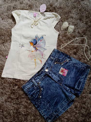 Conjunto Para Meninas Short Jeans + Blusa 5 A 12 Anos