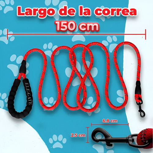 Correa Nylon Mascotas Reflectante 1.5 Metros Asas Doble Color Rojo