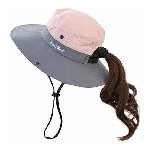Muryobao Sombrero de malla de verano para mujer con borde ancho y protección UV con agujero para coleta 