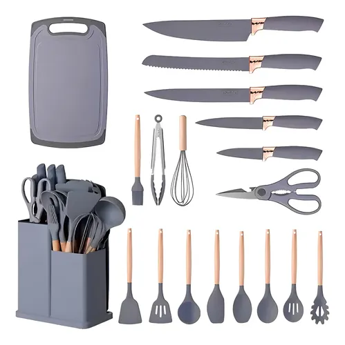 Kit 19 Peças Conjunto Talheres Utensílio Silicone Cozinha Co Cor preto verde rosa cinza