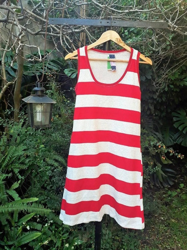 Vestido Rayas De Algodon, Rojo, Sin Mangas, Blusa