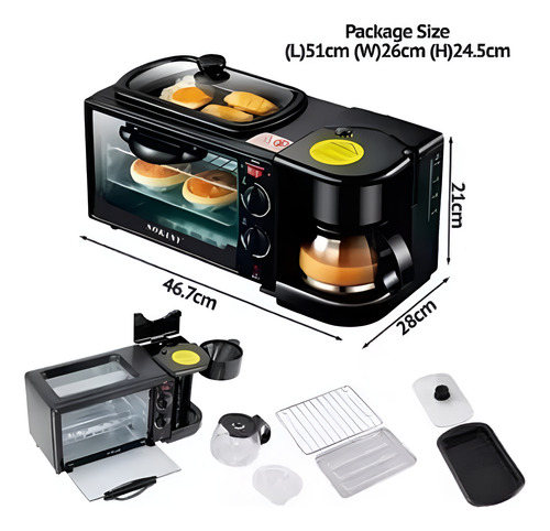 Máquina Para Hacer Desayuno 3 En 1 Horno Cafetera Sartén