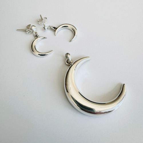 Dije Y Aretes Luna Lisa De Plata .925 Mujer Agálea