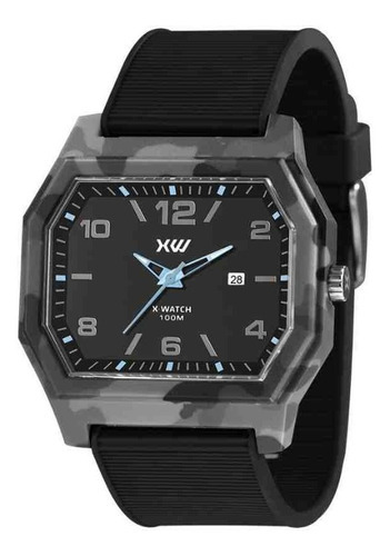 Relógio X-watch Masculino Quadrado Camuflado Cinza Xgpp1019 Correia Preto Fundo Preto