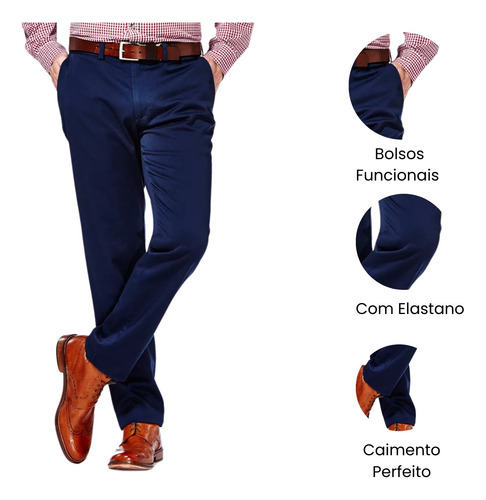Calça Chino Masculina Social Sarja Slim Fit Com Bolso Faca