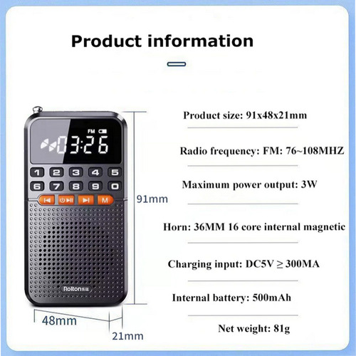 Para Radio Fm Portátil Recargable Negra Con Bluetooth,