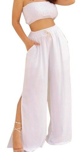 Imagem 1 de 4 de Calça Feminina Pantalona Com Forro E Fenda Lateral