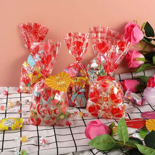 100 bolsas de regalo de celofán con corazón rojo, bolsas de regalo con lazo  giratorio, bolsas de celofán de San Valentín para suministros de envoltura