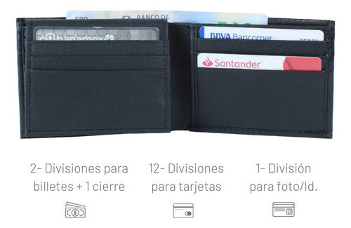 Cartera Hombre Bifold Tarjetero Cierre En Billetes 100% Piel Color Negro