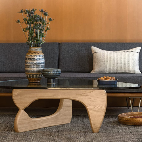 Mesa Auxiliar Triangular De Cristal Y Madera Maciza Moderna