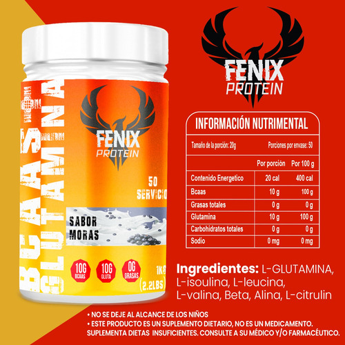 Fenix Protein Bcaas + Glutamina 1kg 50servicios Moras