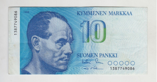 Billete Finlandia 10 Marcos Año 1986 Muy Bueno