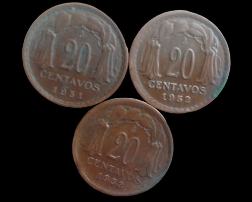 Monedas Chile 20 Centavos Cobre 1951 A 1953 3 Diferentes 