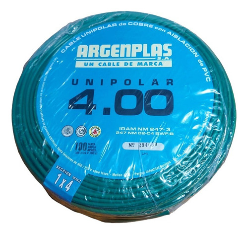 Cable Unipolar Argenplas 4mm Normalizado X Rollo 100mts Cubierta Verde/amarillo