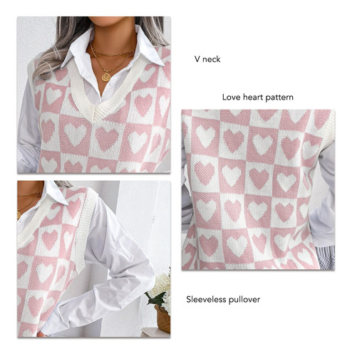 Chaleco De Punto Sweet Love Pattern Para Mujer Con Cuello En