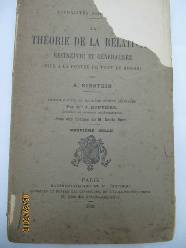 La Theorie De La Relativite A. Einstein 1921 (Usado)