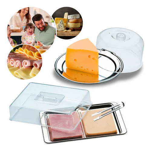 Kit Café: Porta Frios E Queijeira Inox Com Tampa Acrílica