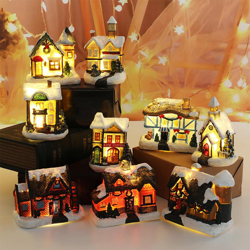 2pcs Lighted House Statue Ornament Light Village Set