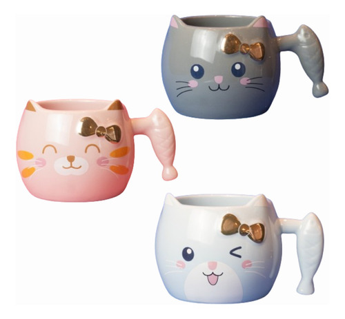 Caneca De Porcelana Gatinho Fofo Cat Loves Fish 3d Decorada