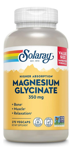 Glicinato De Magnesio 350 Mg Solaray 275 Cápsulas Veganas