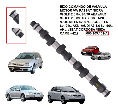 Eixo Comando Valvula Motor Vw Gol/ Parati 1.6 Mi 8v. 98/ Efi