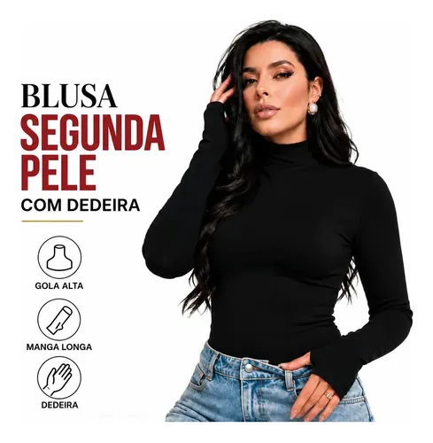 Fabricação Própria Blusa Feminina Segunda Pele Gola Alta Com Abertura No Dedo