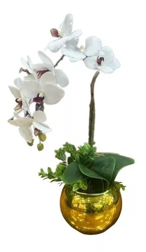 Arranjo Orquídea Artificial Branca No Vaso De Vidro
