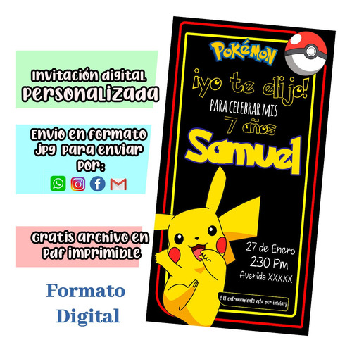 Tarjeta Invitación Digital Anime  - Anya, Naruto, Pikachu