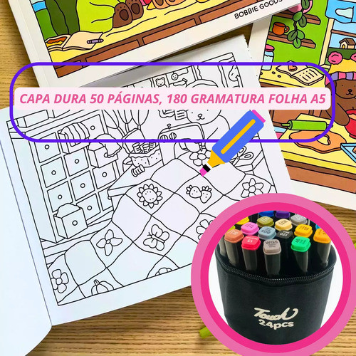 Livro Colorir Bobbie Goods + Kit 24 Canetas Coloridas Artes Rosa