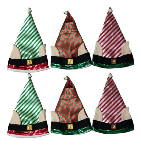6 Gorros Navideño Duende Navidad Posada Rojo Y Verde Rayas 