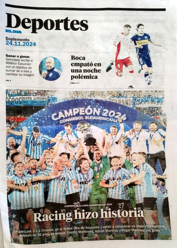Racing Campeón Copa Sudamericana 2024. Diario El Día (Usado)