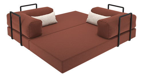 Colchão Casal Vira Sofa Cama 2 Lugares Com Estrutura Metálica Industrial Estilo Nórdico 192cm No Tecido Bouclê Cor: Terracota Mod: Buble Caixa