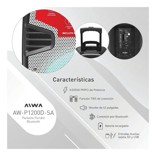 Imagen 2 de 10 de Parlante Aiwa Aw-p1200d-sa Portátil Bluetooth 12 Pulgadas Lh