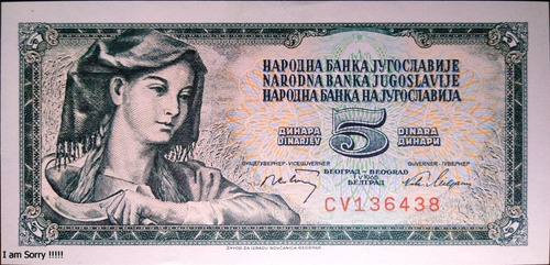 Imagen 1 de 3 de Billete Yugoslavia 5 Dinara 1968 Papel Moneda Unc