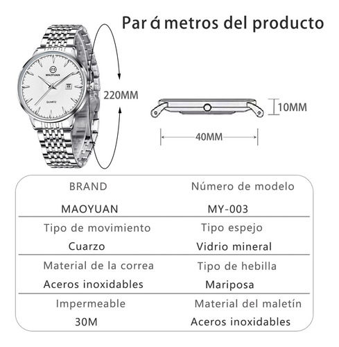 Reloj De Cuarzo Para Hombre Quartz watch My-003 Deportivo Impermeable Funci Correa Plateado Bisel Plateado Fondo Blanco