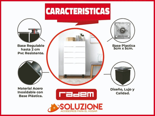 Imagen 4 de 10 de Pata Aluminio Cuadrada Negras Regulable 50mm X 4 Unidades