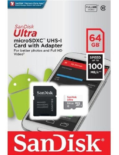 Cartão De Memoria 64gb Sandisk Microsd 100 Mb/s Ultra
