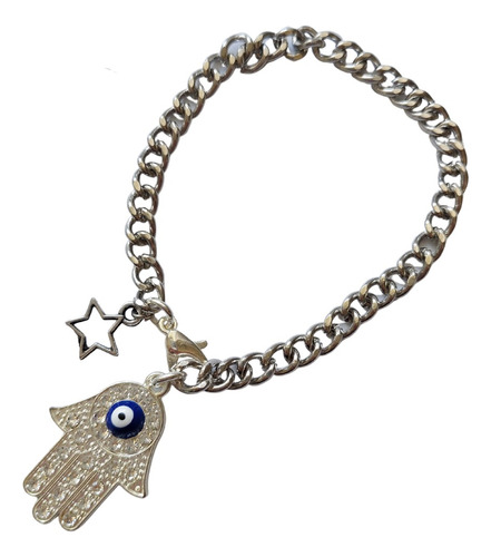 Pulsera Acero Quirúrgico Mano De Fátima Con Dijes 18cm Largo