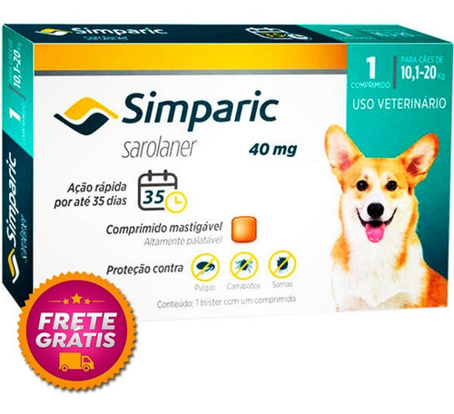 Imagem 1 de 9 de Simparic 40mg- Antipulgas E Carrapatos 10,1-20kg
