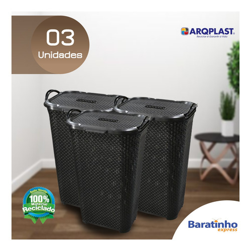 Kit 3 Cesto Roupa Suja Rattan Preto Com Tampa Basculada