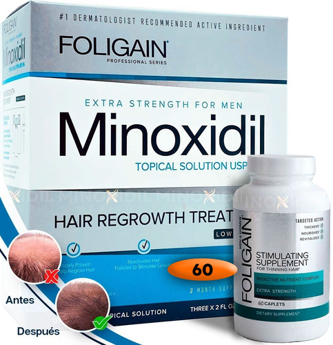 Minoxidil 5% Bajo Alcohol + Foligain Tabs 60 Caps