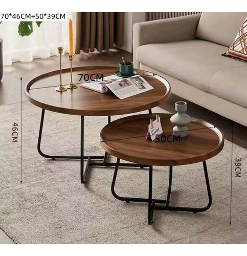 Juego Mesa De Centro Redonda Doble Madera Color Marron
